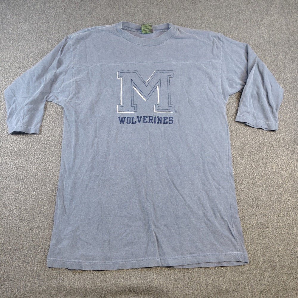 TSI Michigan Wolverines Shirt Mens Large Blue Vintage 3/4 Sleeve Embroidered Tee